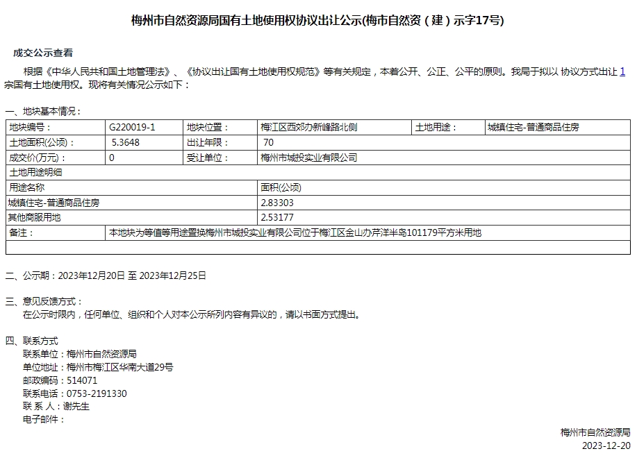 梅州市自然资源局国有土地使用权协议出让公示(梅市自然资（建）示字17号).png