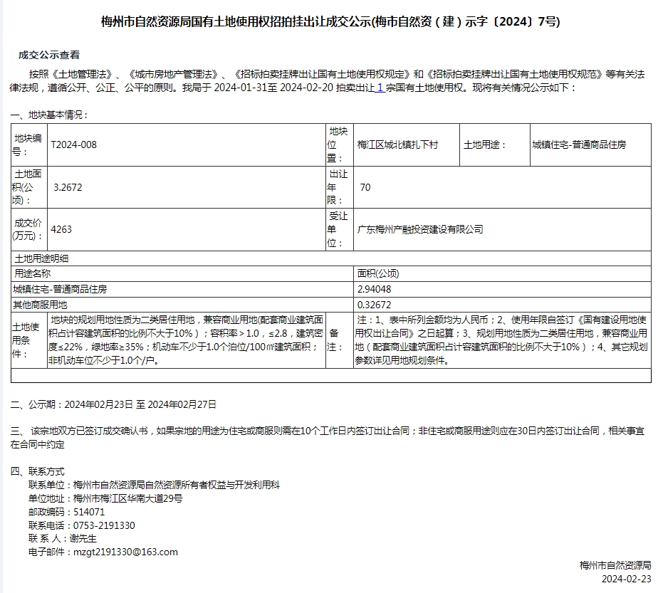 梅州市自然资源局国有土地使用权招拍挂出让成交公示(梅市自然资（建）示字〔2024〕7号).png