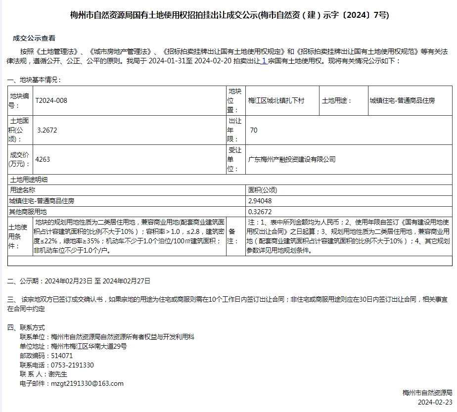 梅州市自然资源局国有土地使用权招拍挂出让成交公示(梅市自然资（建）示字〔2024〕7号).png